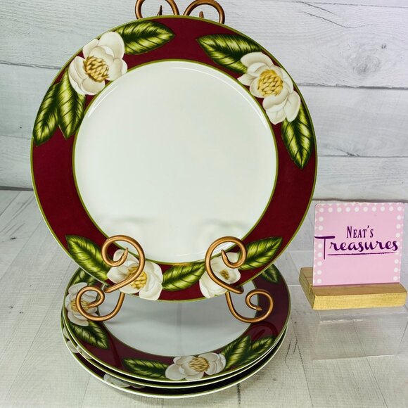American Atelier MAGNOLIA BLOSSOM 5049 White Floral Porcelain Dinner Plate Set 4
